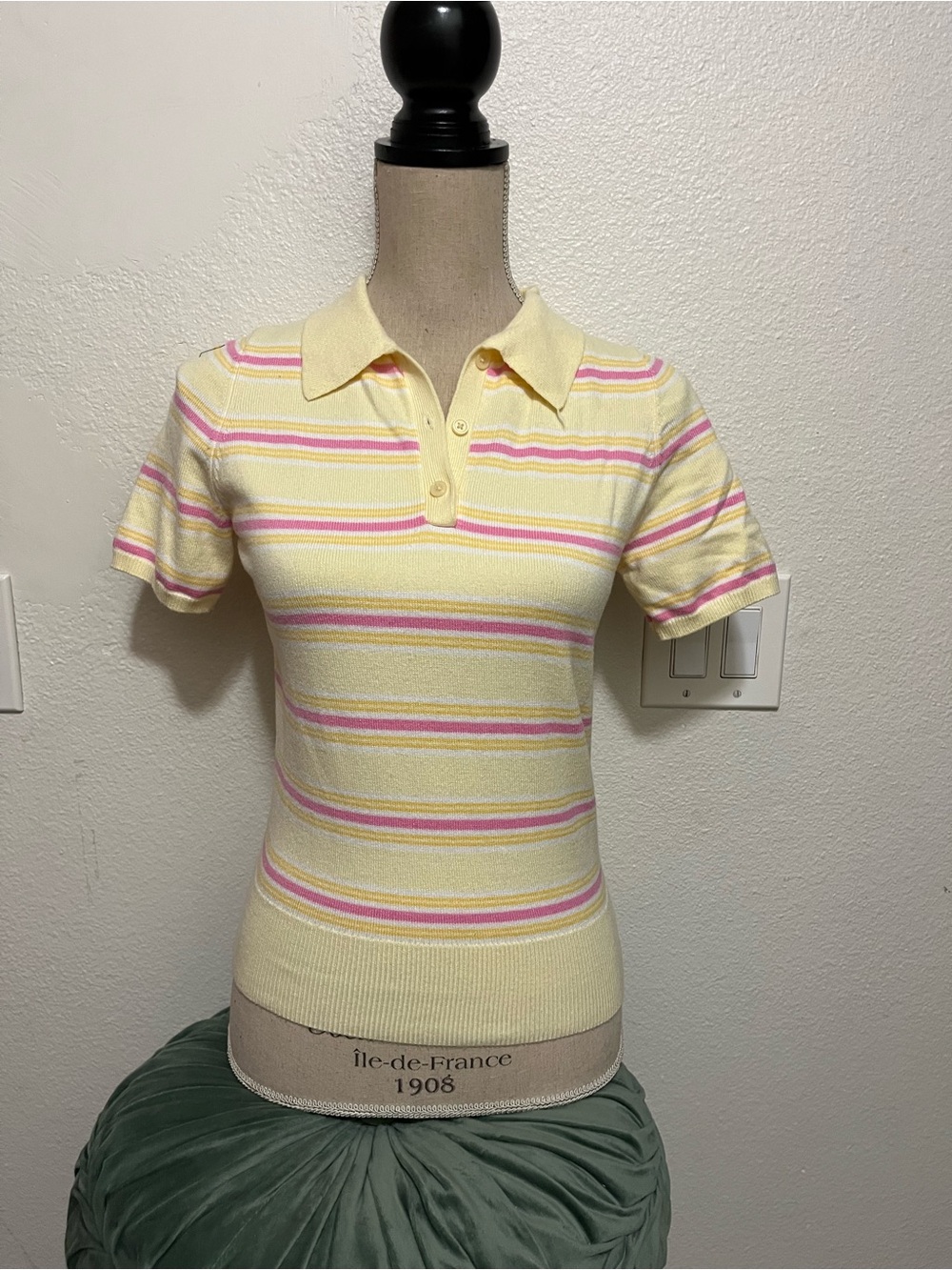 Sincerly Jules Yellow Polo Knit Top with Pink Stripes